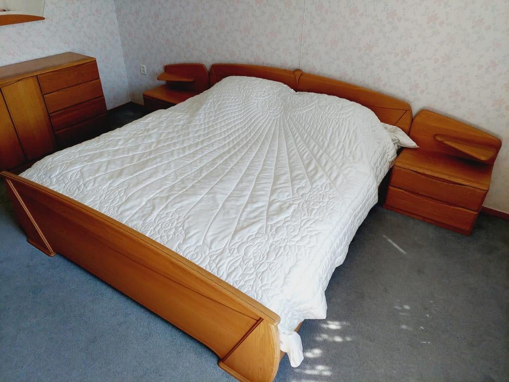 Eiken Auping bed met commode, spiegel en nachtkastjes, Huis en Inrichting, Gebruikt, Tweepersoons, 180 cm, 200 cm