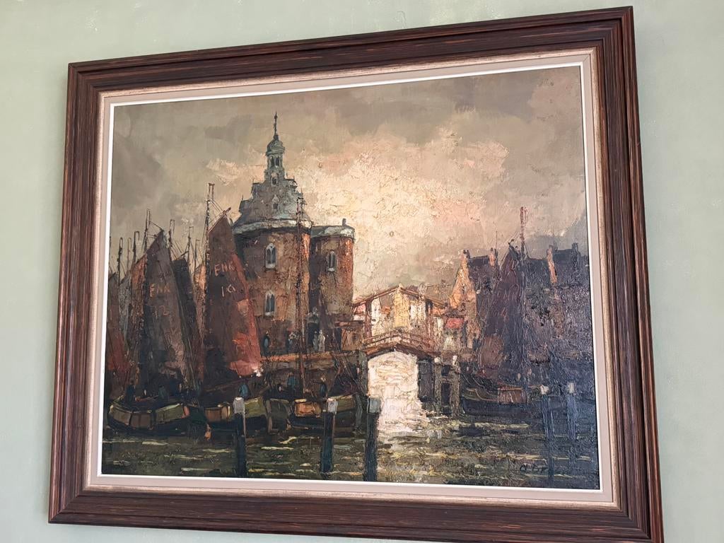 Olieverfschilderij van A. Brouwer - Havenstadsgezicht, Ophalen