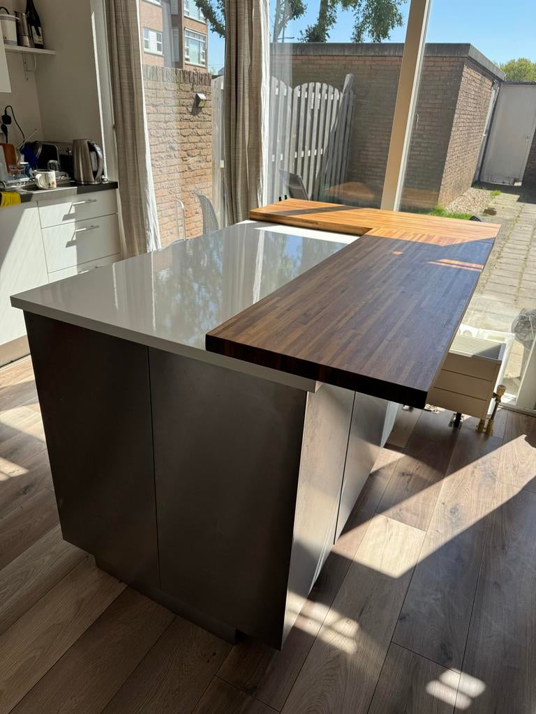 Groot kookeiland met 6 kasten en ontbijtbar, Ophalen, Gebruikt, 75 cm of meer, Wit