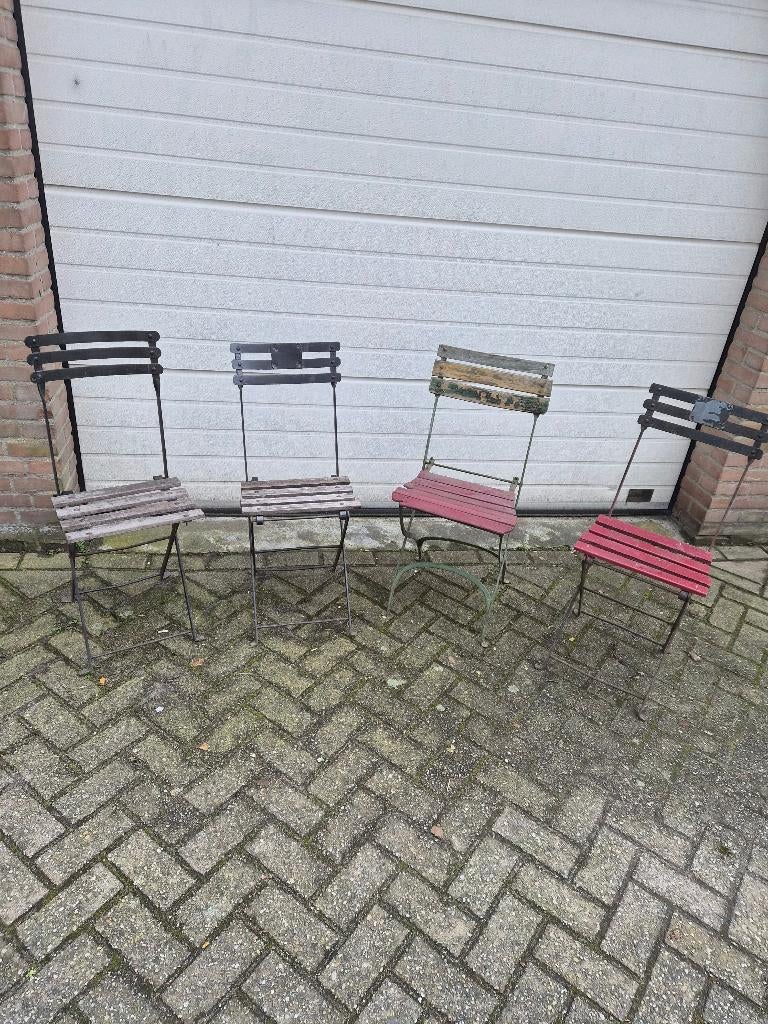 12 Brocante bistro stoeltjes  ook per 2 te koop, Ophalen, Gebruikt, Metaal, Stapelbaar