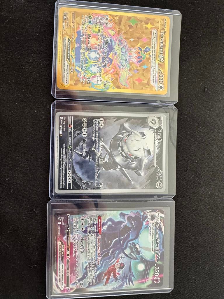 Pokémon kaarten: Terapagos ex, Steelix, Shadow Rider Calyrex, Ophalen of Verzenden, Zo goed als nieuw, Meerdere kaarten, Foil