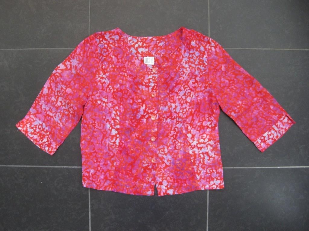 Unikat Artwear blouse, rood met paars, driekwart mouw, M, Maat 38/40 (M), Unikat, Ophalen of Verzenden, Zo goed als nieuw