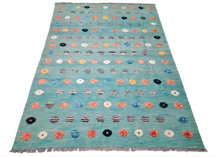 Handgeknoopt modern wol Kelim tapijt Yasmoon Aqua 177x235cm, Huis en Inrichting, Stoffering | Tapijten en Kleden, Zo goed als nieuw