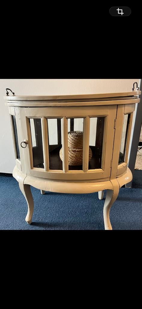 Vintage Theekastje met Afneembaar Dienblad en Glazen Panelen, Ophalen, Minder dan 55 cm, Gebruikt, Rond