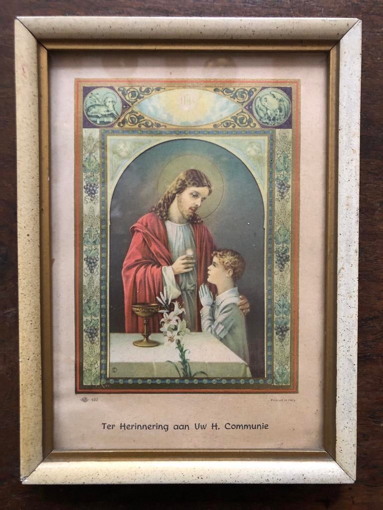 Vintage Religieuze Prent - Eerste Communie, Verzamelen, Ophalen of Verzenden, Voor 1940, Gebruikt