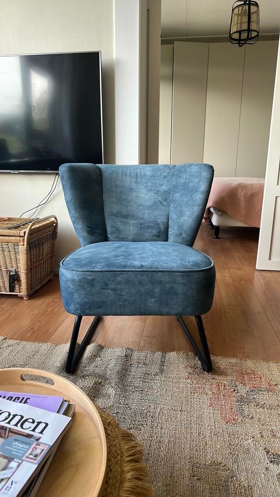 Faiteuil petrol blauw fluweel, Huis en Inrichting, Fauteuils, Ophalen, Zo goed als nieuw, Minder dan 75 cm, 50 tot 75 cm