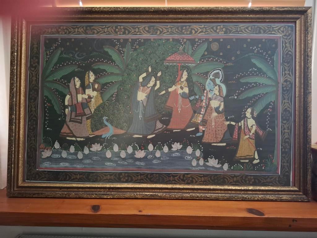 Oud Indiaas schilderij - Dansende Vrouwen en Krishna, Ophalen of Verzenden