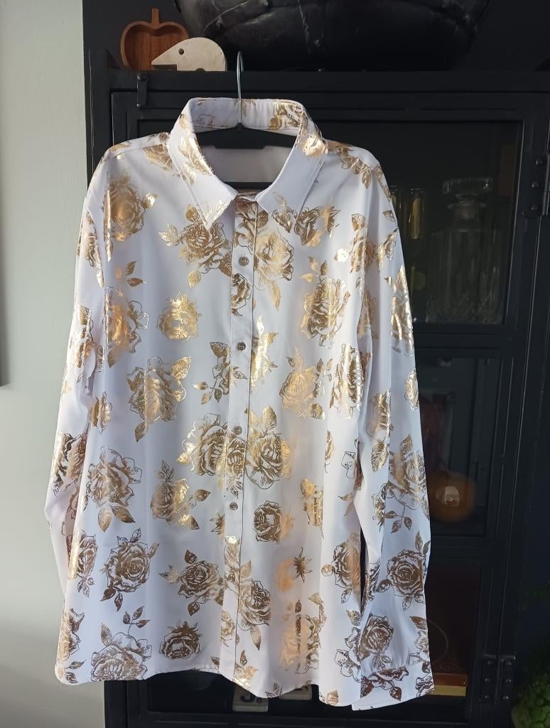 Feestelijk overhemd, wit met gouden rozen XL, Kleding | Heren, Ophalen of Verzenden, Zo goed als nieuw, Wit, Halswijdte 43/44 (XL)
