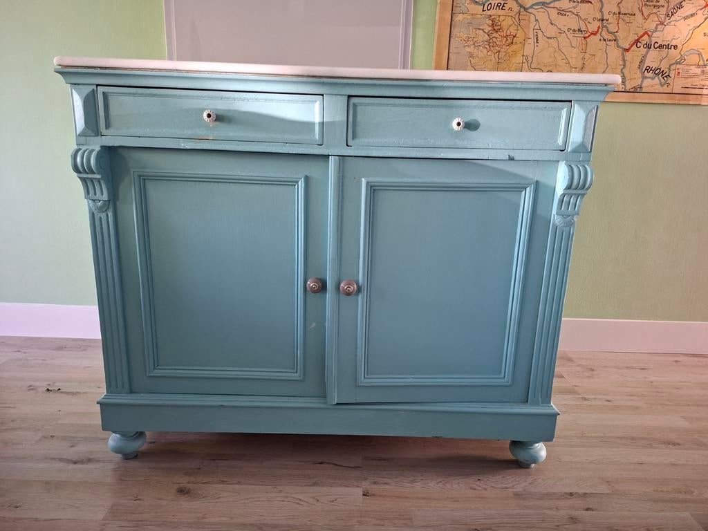 Vintage lage kast met marmeren blad en uitschuifbare zijden, Ophalen