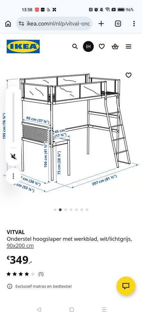 Ikea Vitval hoogslaper met bureau, Kinderen en Baby's, Kinderkamer | Stapelbedden en Hoogslapers, Ophalen