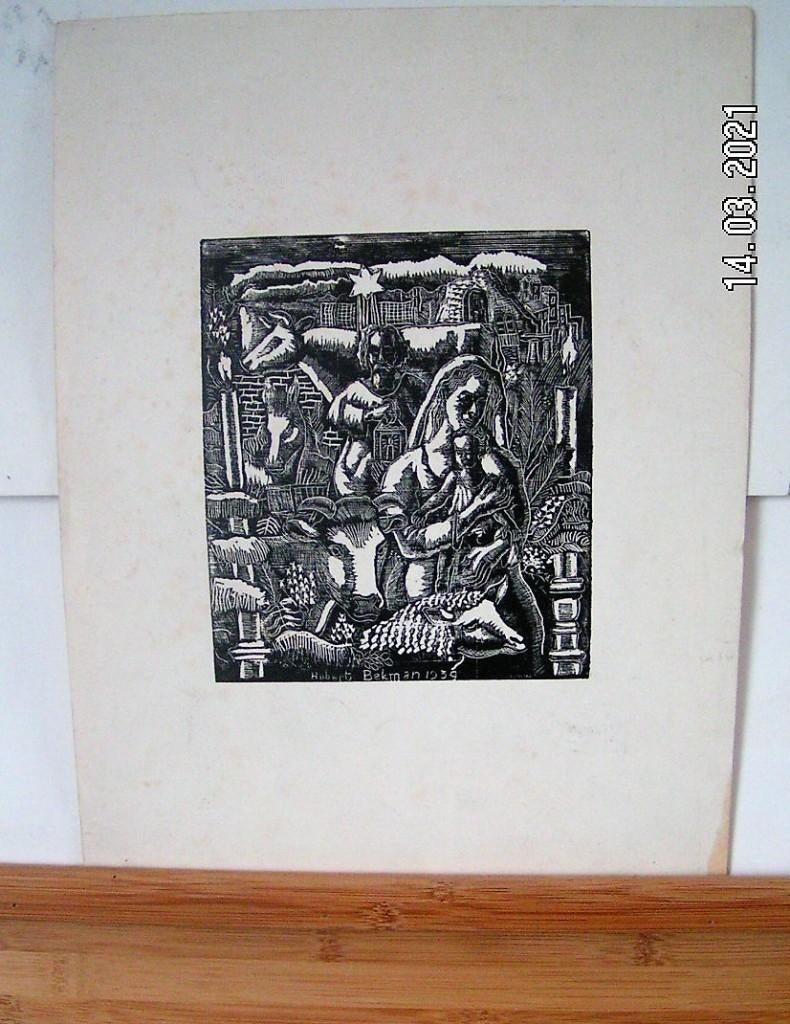 H.Bekman Inkt ets Jozef , Maria en kindje Jezus met dieren, Met tekst, Ets, Religie, Ophalen of Verzenden