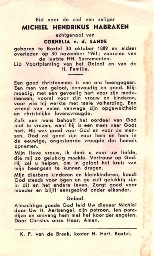 Habraken Michiel Hendrikus 1889-1961 Boxtel, Ophalen of Verzenden