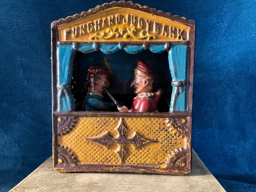 Antieke gietijzeren spaarpot - Punch and Judy Bank, Antiek en Kunst, Antiek | Speelgoed, Ophalen of Verzenden