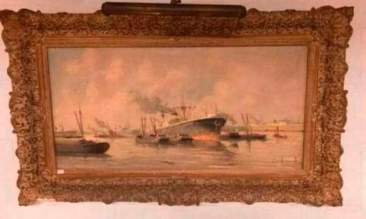 Schilderij van adri verveen haven gezicht rotterdam., Antiek en Kunst, Kunst | Schilderijen | Klassiek, Ophalen of Verzenden