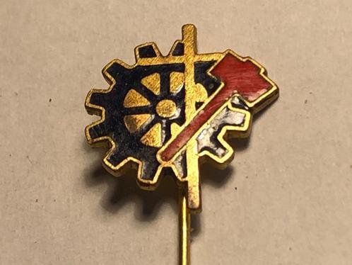 Emaille MIJNBOUW Speld (Rood/Blauw/Messingkleur)., Verzamelen, Speldjes, Pins en Buttons, Zo goed als nieuw, Speldje of Pin, Overige onderwerpen