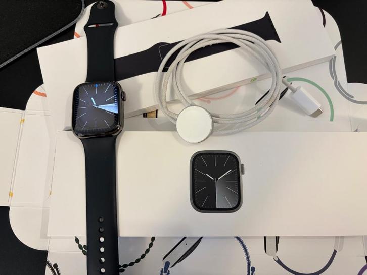 Apple Watch Series 9 45mm Grafiet RVS, Sieraden, Tassen en Uiterlijk, Smartwatches, Zo goed als nieuw, iOS, Zwart, Afstand, Calorieverbanding