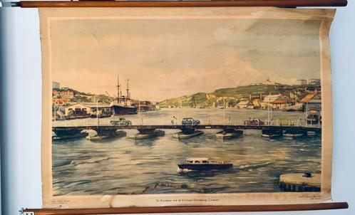 St. Annabaai met de Koningin Emmabrug, Curaçao, Antiek en Kunst, Antiek | Schoolplaten, Geschiedenis, Ophalen of Verzenden