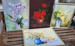 4 handgeschilderde BLOEMEN schilderijen. SAMEN  €12.50. 60cm, Gebruikt, Ophalen of Verzenden, Schilderij, Minder dan 50 cm