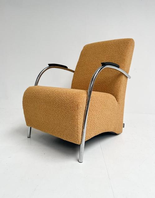 Opnieuw gestoffeerde Woood Halifax fauteuil in teddystof, Huis en Inrichting, Fauteuils, Gebruikt, Metaal, 50 tot 75 cm, Minder dan 75 cm