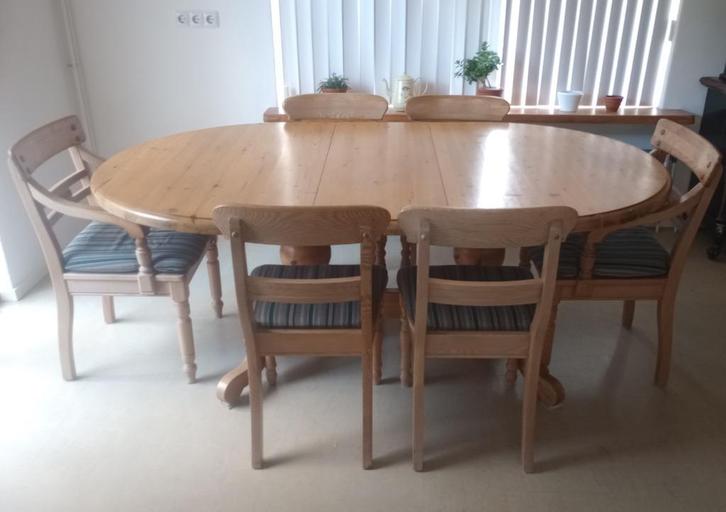 vintage eettafel grenen 120 x 200 cm inclusief 6 stoelen, Huis en Inrichting, Tafels | Eettafels, Gebruikt, 100 tot 150 cm, 150 tot 200 cm
