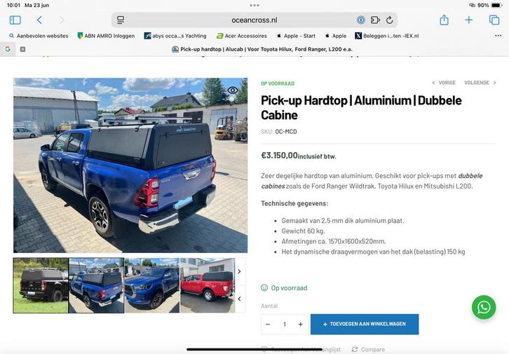 Te koop ocean cross hardtop, aluminium voor Ford Ranger etc., Auto diversen, Dakdragers, Zo goed als nieuw, Ophalen of Verzenden