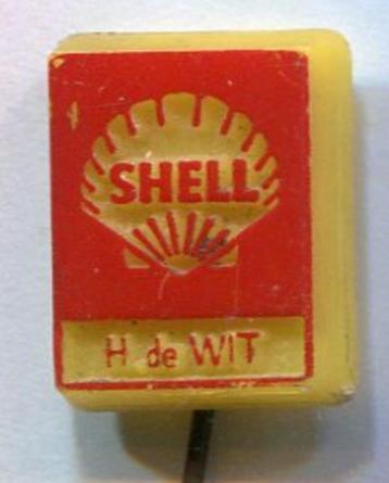 SHELL H. de Wit rood op geel plastic speldje ( M_174a ) beschikbaar voor biedingen
