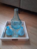Decoratie flesjes met dienblad blauw  grote fles en 3 kleine, Verzenden, Zo goed als nieuw