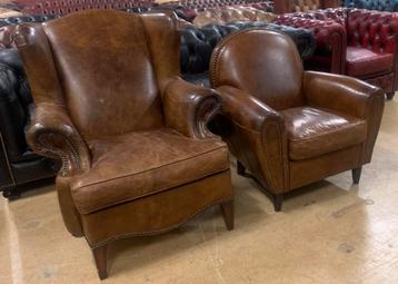 Prachtige Set Chesterfield Fauteuils Cognac Bruin. beschikbaar voor biedingen