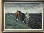 Schilderij ploegende boer, Antiek en Kunst, Ophalen of Verzenden