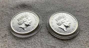 Twee 1 troy ounce zilveren Britannia munten 2016 in capsule beschikbaar voor biedingen