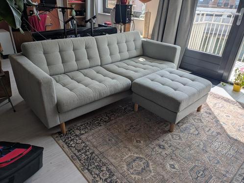 IKEA Landskrona driezits bank en poef/hocker, Huis en Inrichting, Banken | Complete zithoeken, Gebruikt, Hout, Stof, Ophalen