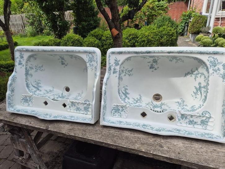 Twee identieke antieke wastafels groen decor pauwen Cauldon, Antiek en Kunst, Antiek | Overige Antiek, Ophalen