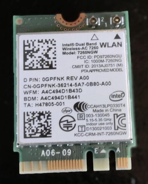 Dell Intel Dual Band Wireless-AC 7260 NGW Card . [K479] 6-7, Computers en Software, Netwerkkaarten, Zo goed als nieuw, Intern