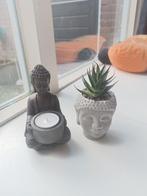 Buddha waxinelichtje houder en Buddha hoofd met nep plantje, Ophalen of Verzenden, Zo goed als nieuw