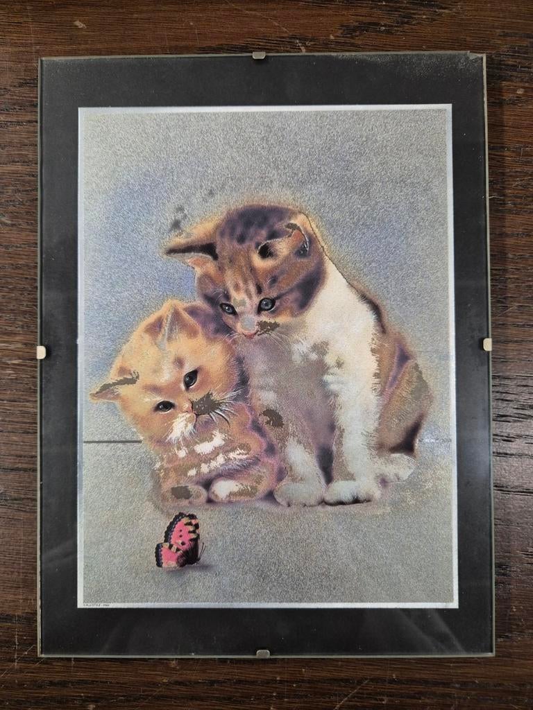 Vintage Print van Katten met Vlinder, Minder dan 50 cm, N/A, Ophalen of Verzenden, Print