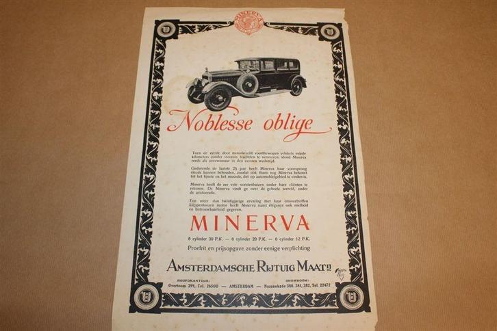 Origineel affiche - Minerva Noblesse Oblige 1928 !!, Boeken, Auto's | Folders en Tijdschriften, Gelezen, Overige merken, Ophalen of Verzenden