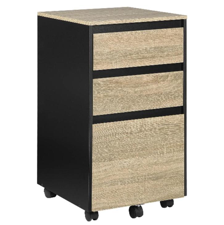 Mobiele Ladeblok - Nachtkastje - 3 Lades - Licht Eiken Zwart, Huis en Inrichting, Slaapkamer | Nachtkastjes, Nieuw, 70 cm of meer