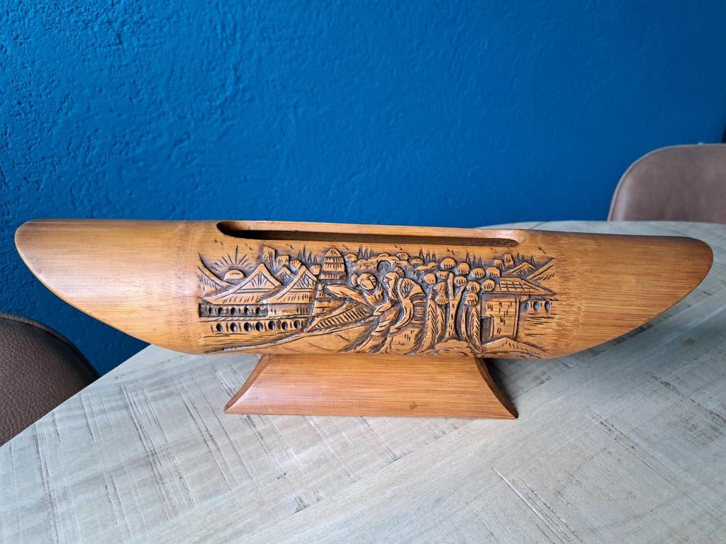 Vintage bamboe brievenrek/penseelhouder met snijwerk, Ophalen of Verzenden