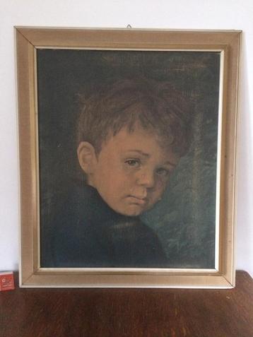 Groot klassiek betraand jongetje in lijst turquoise groen beschikbaar voor biedingen