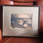 Knotwilgen in Holland landschap, krijt tekening, gesigneerd, Antiek en Kunst, Ophalen of Verzenden