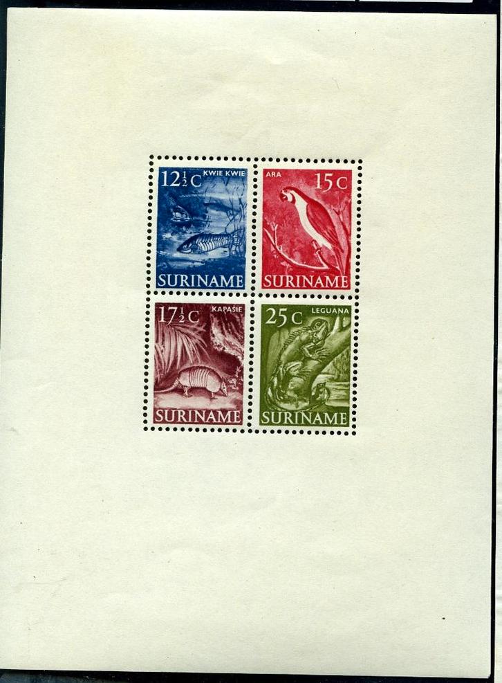 Suriname 1955 blok 308 Inheemse dieren Vogel Vis Leguaan Kap, Postzegels en Munten, Postzegels | Thematische zegels, Postfris
