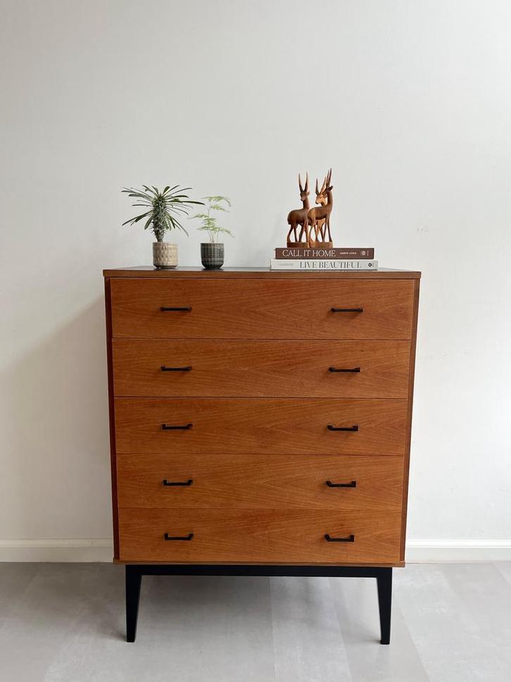 Vintage grote teakhouten ladekast, jaren 60/midcentury, Huis en Inrichting, Kasten | Ladekasten, Gebruikt, 100 tot 150 cm, 50 tot 100 cm