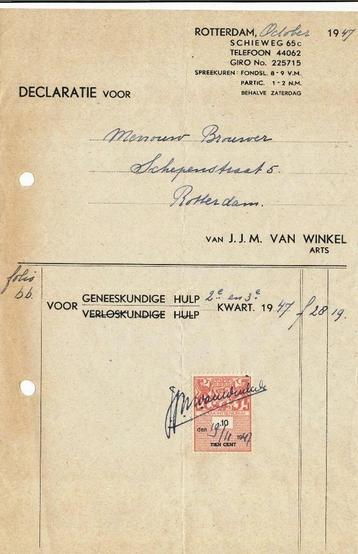 Declaratie :J.J.M. van Winkel Arts met 10c Fiscaalzegel 1947 beschikbaar voor biedingen