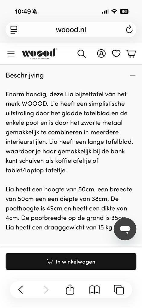 Woood Lia bijzettafel, Huis en Inrichting, Tafels | Bijzettafels, Gebruikt, Overige vormen, 45 tot 60 cm, Minder dan 55 cm, Metaal of Aluminium