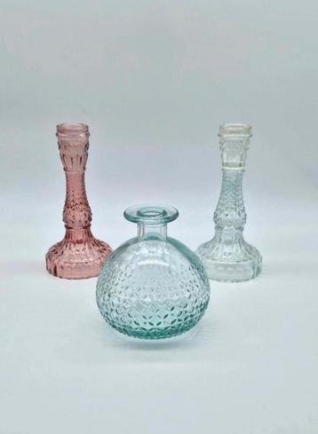 Glazen Kandelaar Set + Vaas - Romantische Sfeer beschikbaar voor biedingen