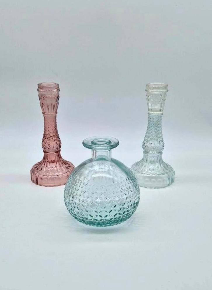 Glazen Kandelaar Set + Vaas - Romantische Sfeer, Huis en Inrichting, Woonaccessoires | Vazen, Overige kleuren, Minder dan 50 cm