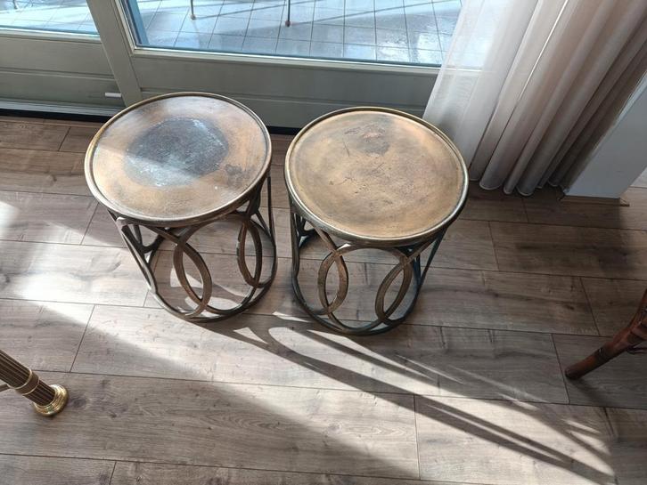 Set van 2 metalen bijzettafels - H47, Ø39, Huis en Inrichting, Tafels | Bijzettafels, Gebruikt, Rond, 45 tot 60 cm, Metaal of Aluminium