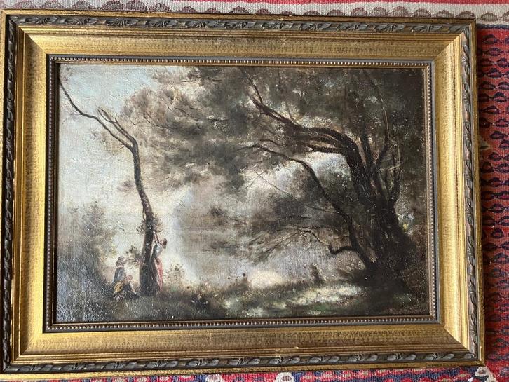 Fraai oud schilderij pluksters in landschap bij meer, Antiek en Kunst, Kunst | Schilderijen | Klassiek, Ophalen of Verzenden