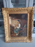 W. Jongsma- Schilderij oude man met pijp lees de krant., Antiek en Kunst, Kunst | Schilderijen | Klassiek, Ophalen of Verzenden