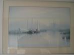 Mooie Litho: 3 houten zeilscheepjes in mooi landschap, Antiek en Kunst, Ophalen
